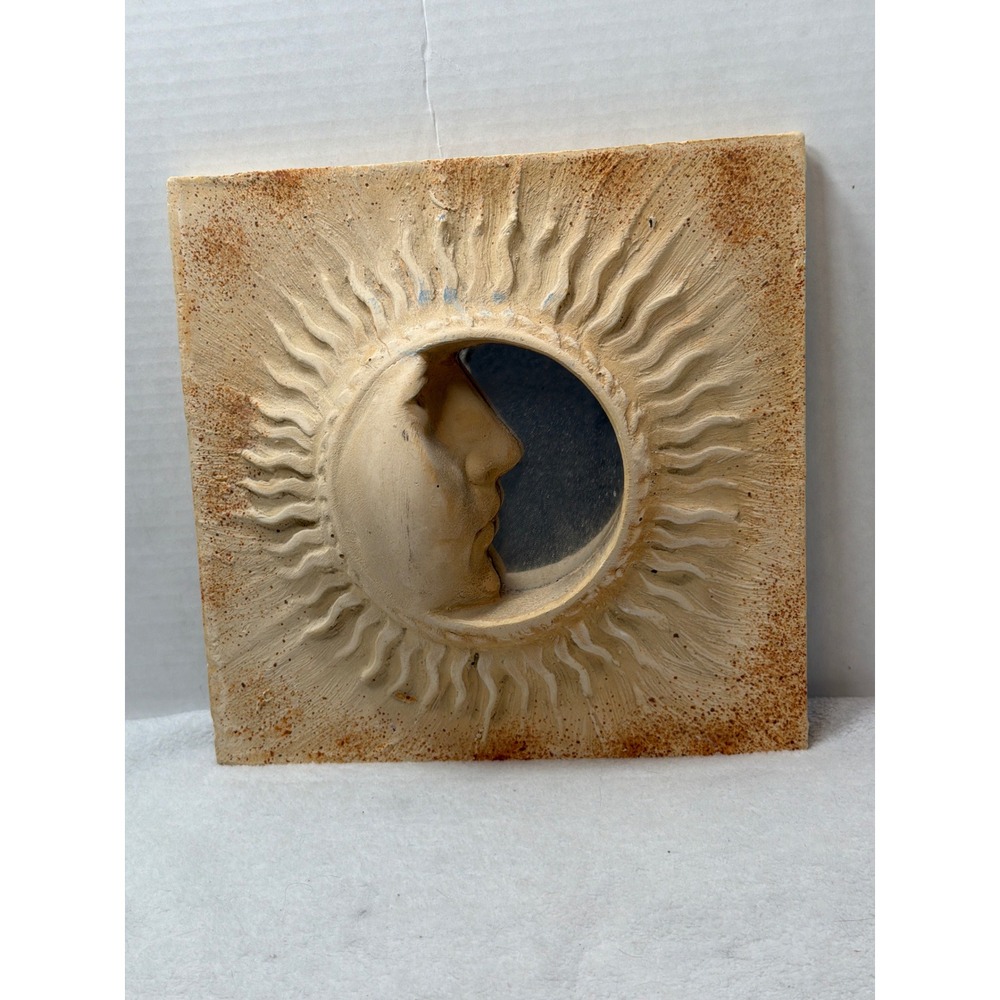 Vintage Hayes Parker Sand Cast Sun & Moon Face Mirror Wall Hanging 9.5" X 9.5"
